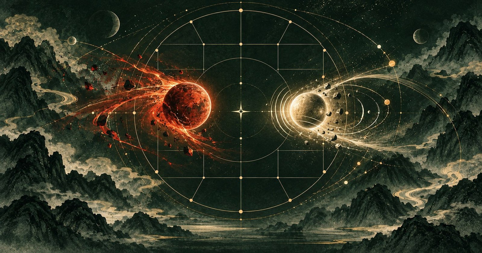 以火星鈴星為主題的現代中式抽象星盤插畫