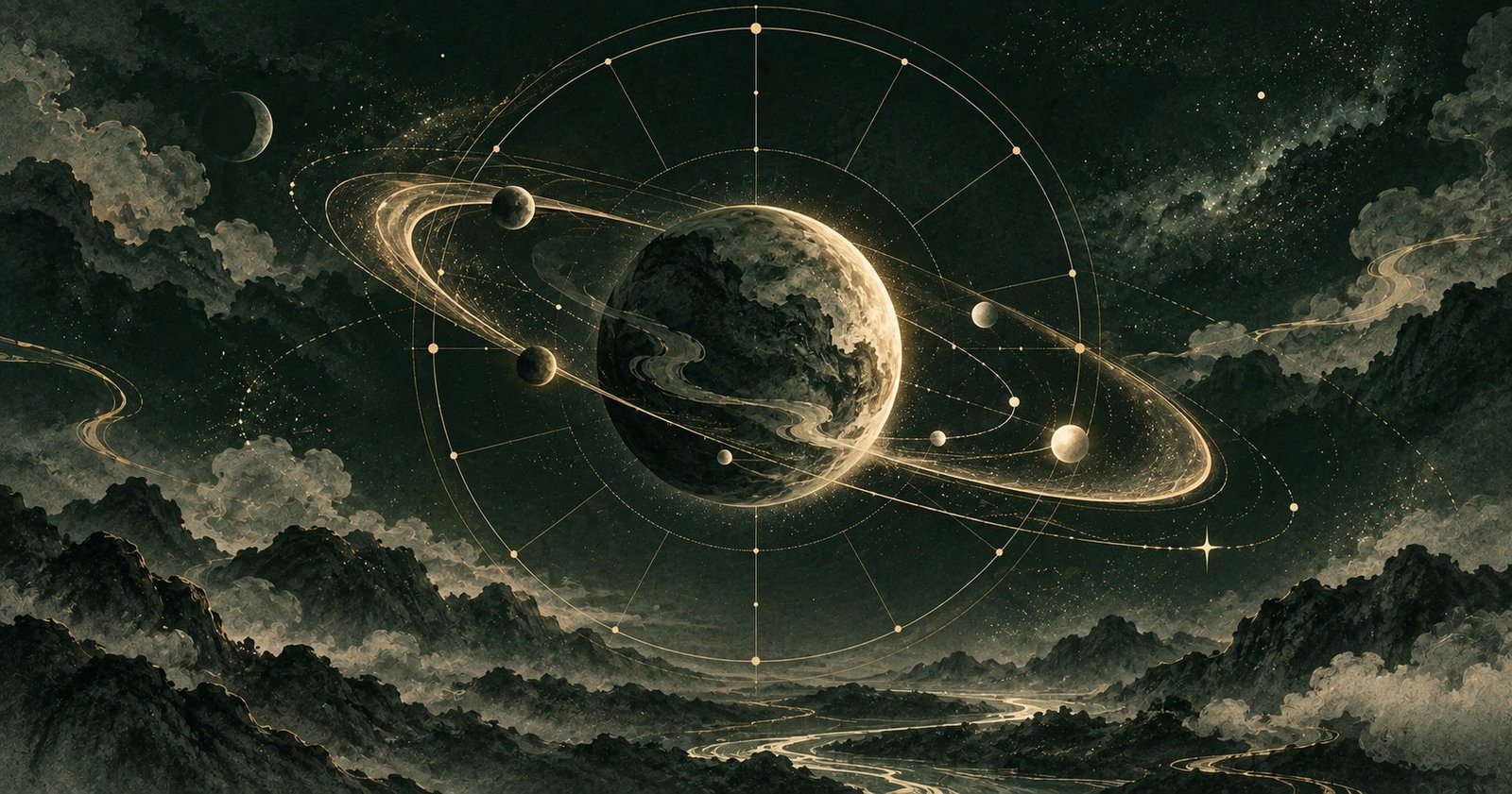 以巨門星為主題的現代中式抽象星盤插畫