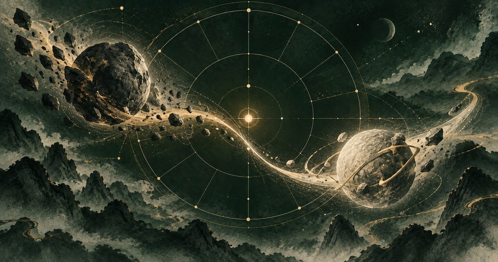 以擎羊陀羅為主題的現代中式抽象星盤插畫