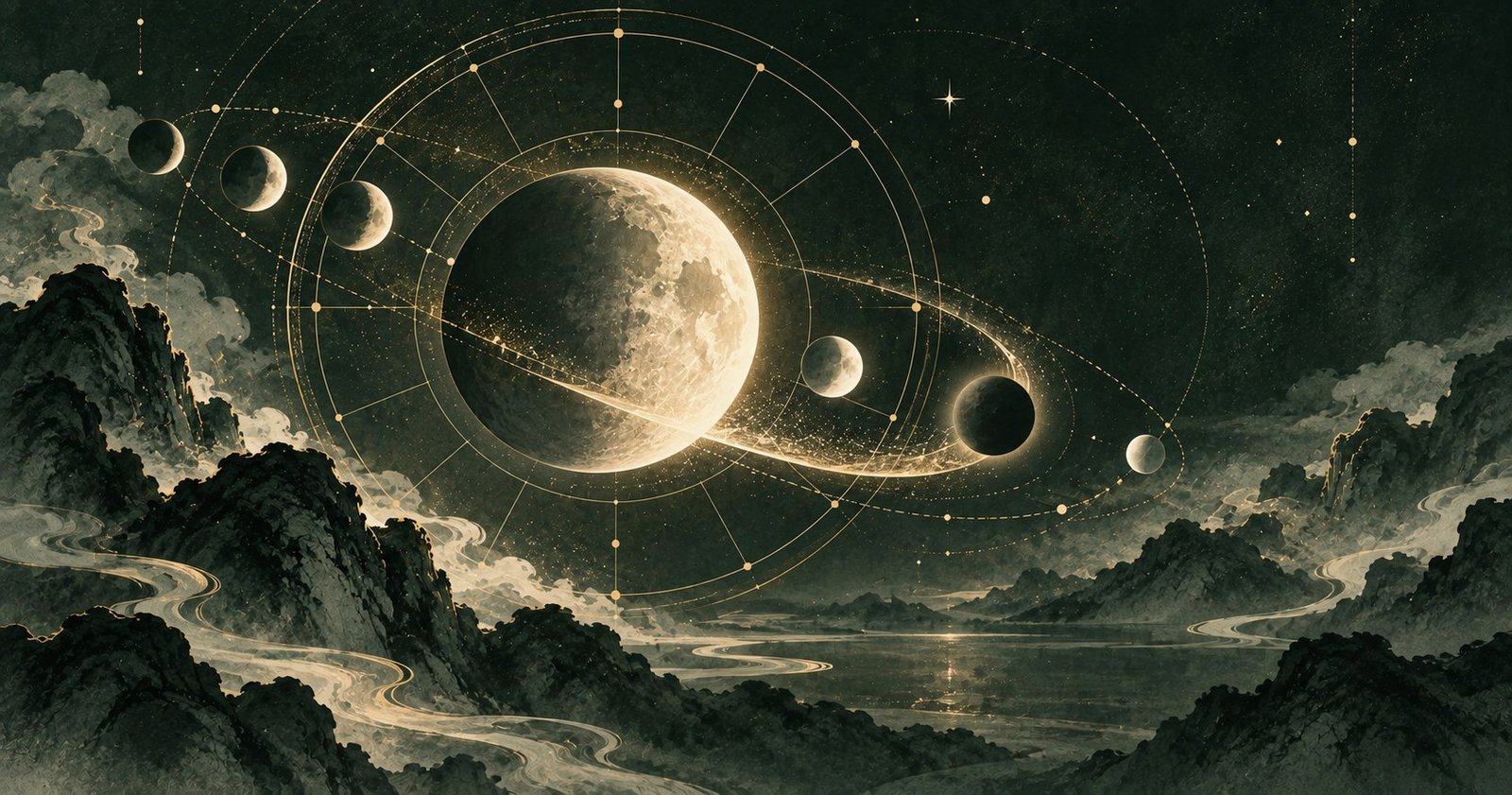 以太陰星 紫微斗數為主題的現代中式抽象星盤插畫