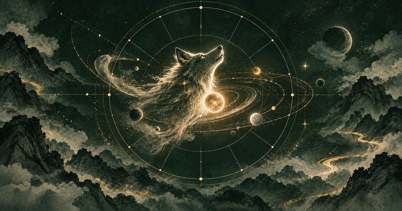 以貪狼星為主題的現代中式抽象星盤插畫