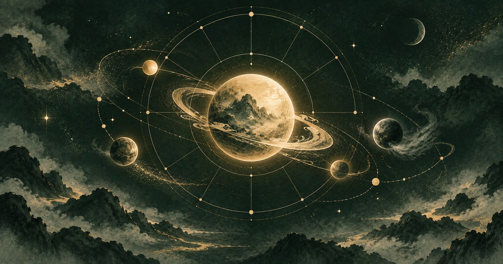 以天府星為主題的現代中式抽象星盤插畫
