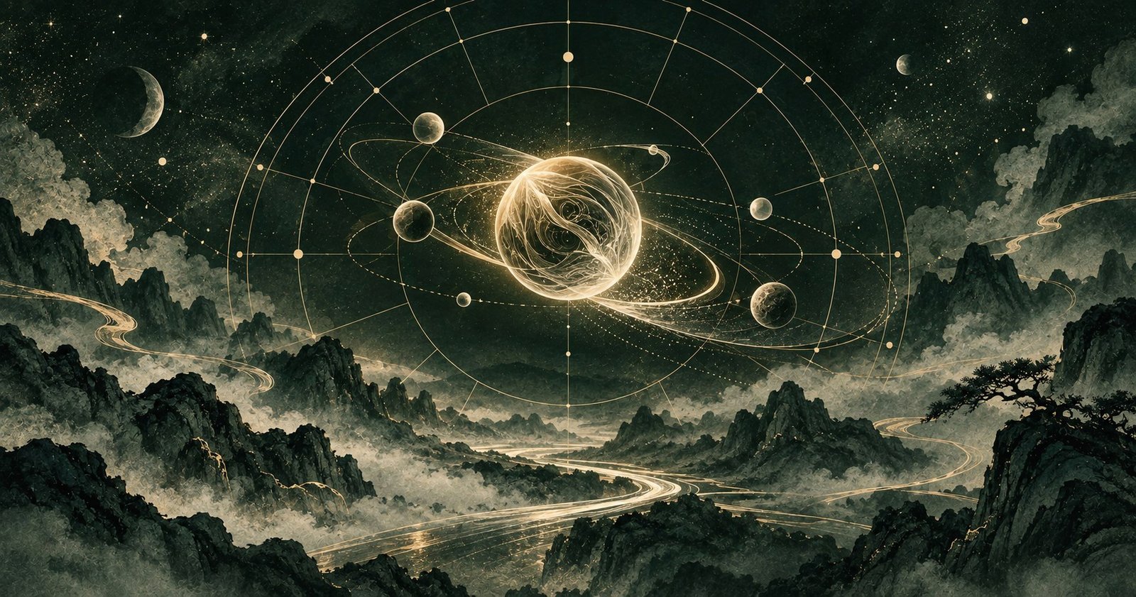 以天機星為主題的現代中式抽象星盤插畫