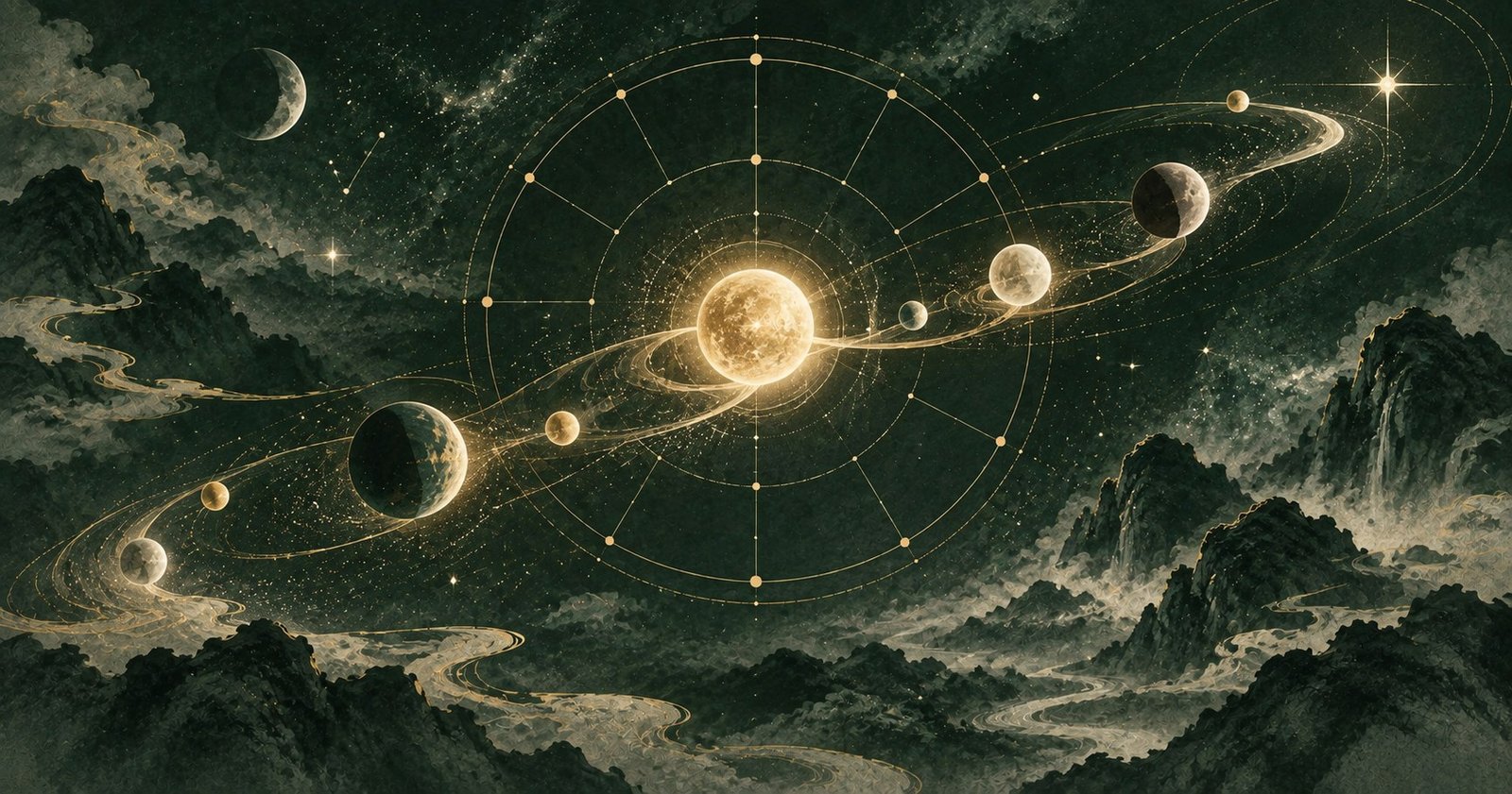 以天梁星為主題的現代中式抽象星盤插畫