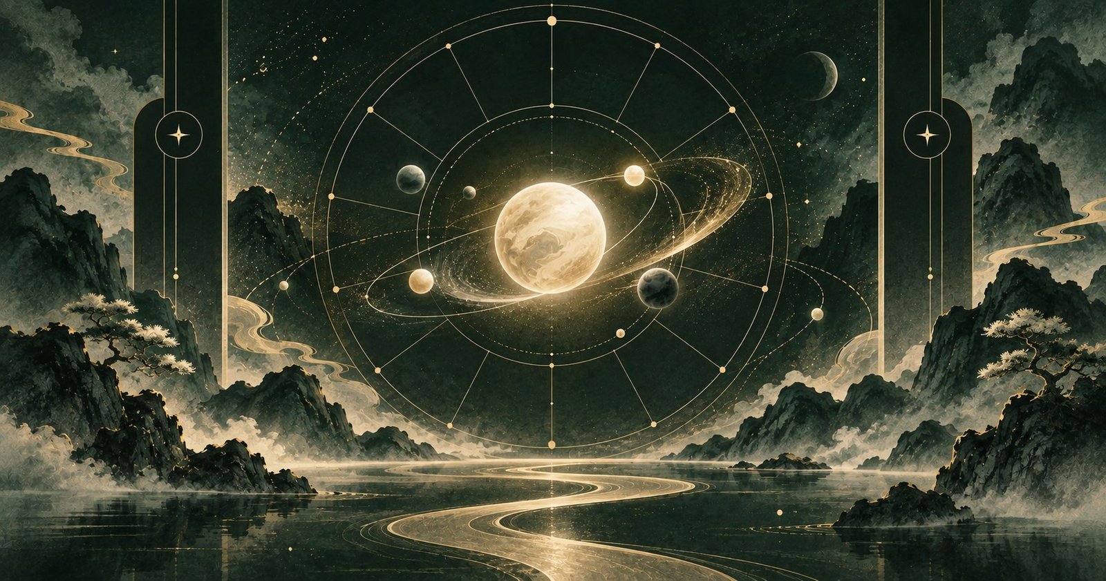 以天同星為主題的現代中式抽象星盤插畫