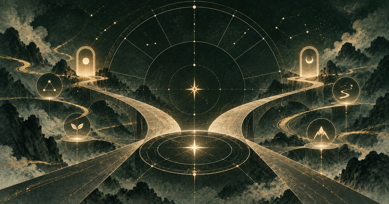 以紫微斗數創業還是上班為主題的現代中式抽象星盤插畫