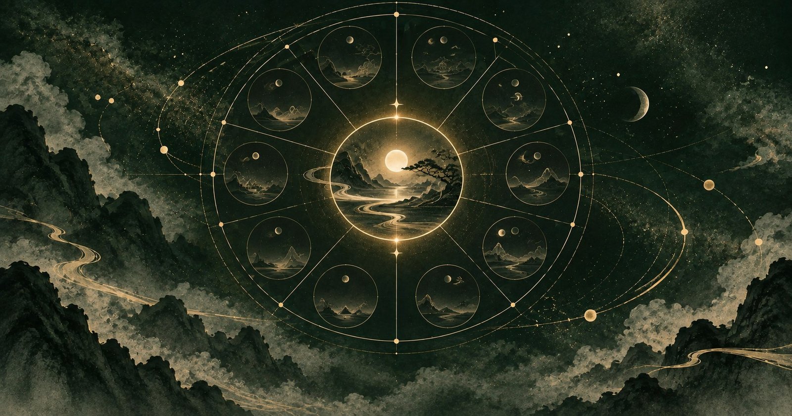 以紫微斗數福德宮為主題的現代中式抽象星盤插畫