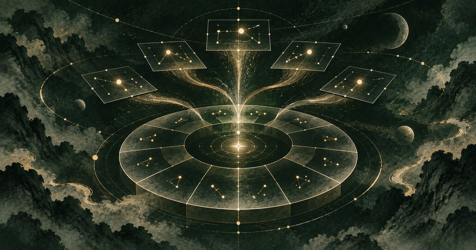以紫微斗數格局怎麼看為主題的現代中式抽象星盤插畫