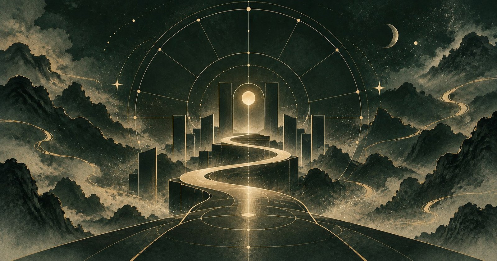 抽象宮位與上升工作路徑呈現紫微斗數官祿宮的星盤插畫
