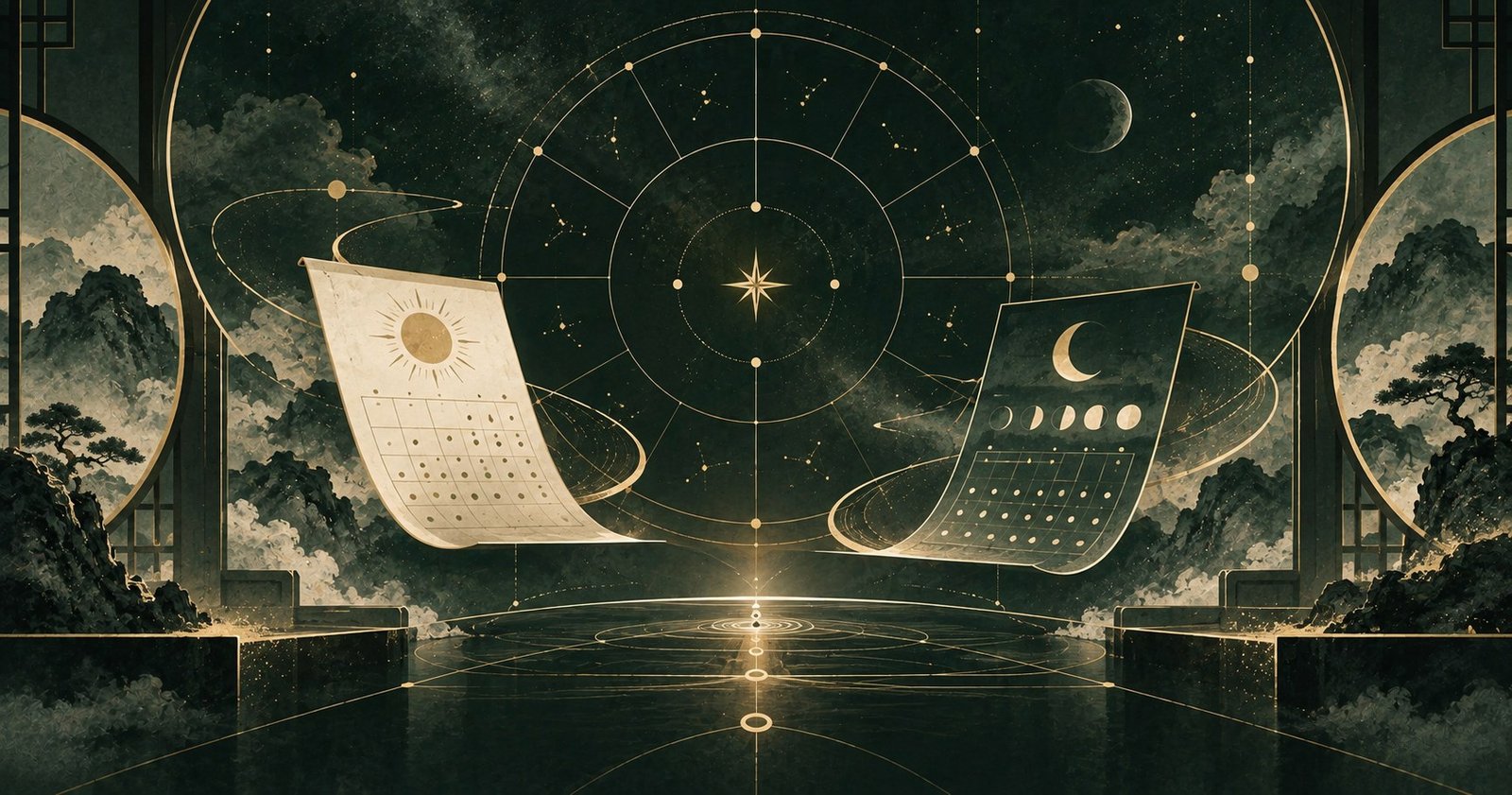 以紫微斗數國曆農曆為主題的現代中式抽象星盤插畫