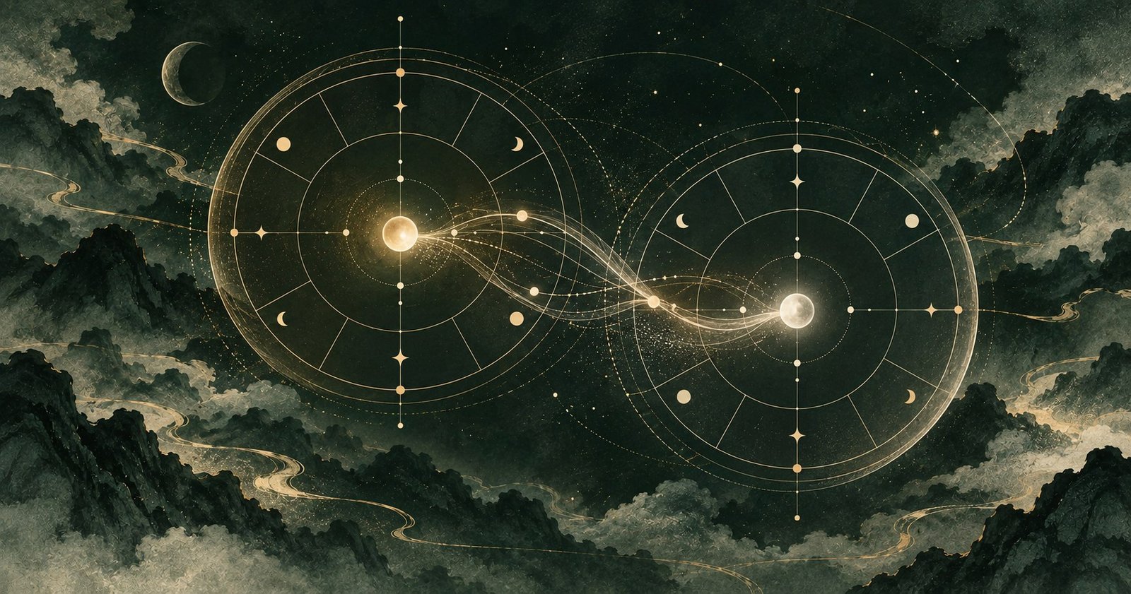 以紫微合盤 夫妻宮為主題的現代中式抽象星盤插畫