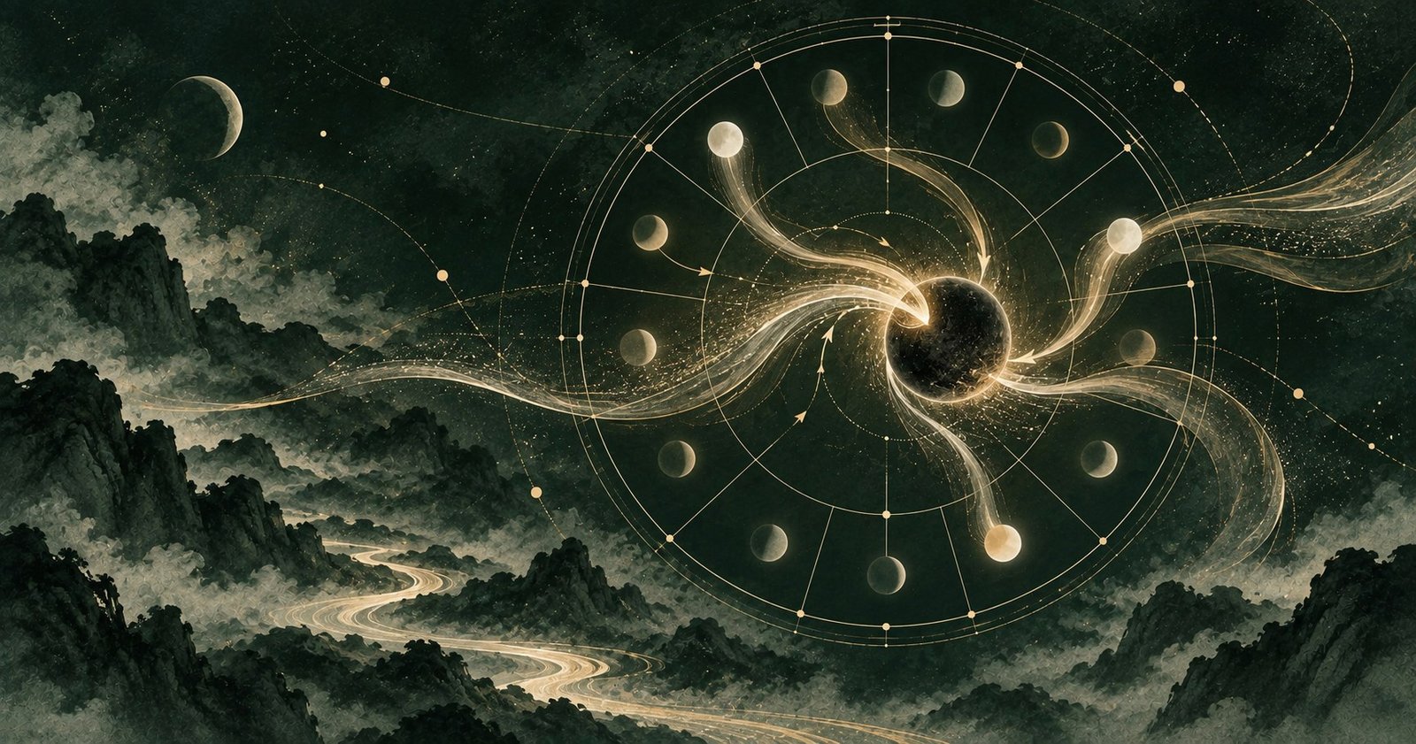 以紫微斗數化忌為主題的現代中式抽象星盤插畫