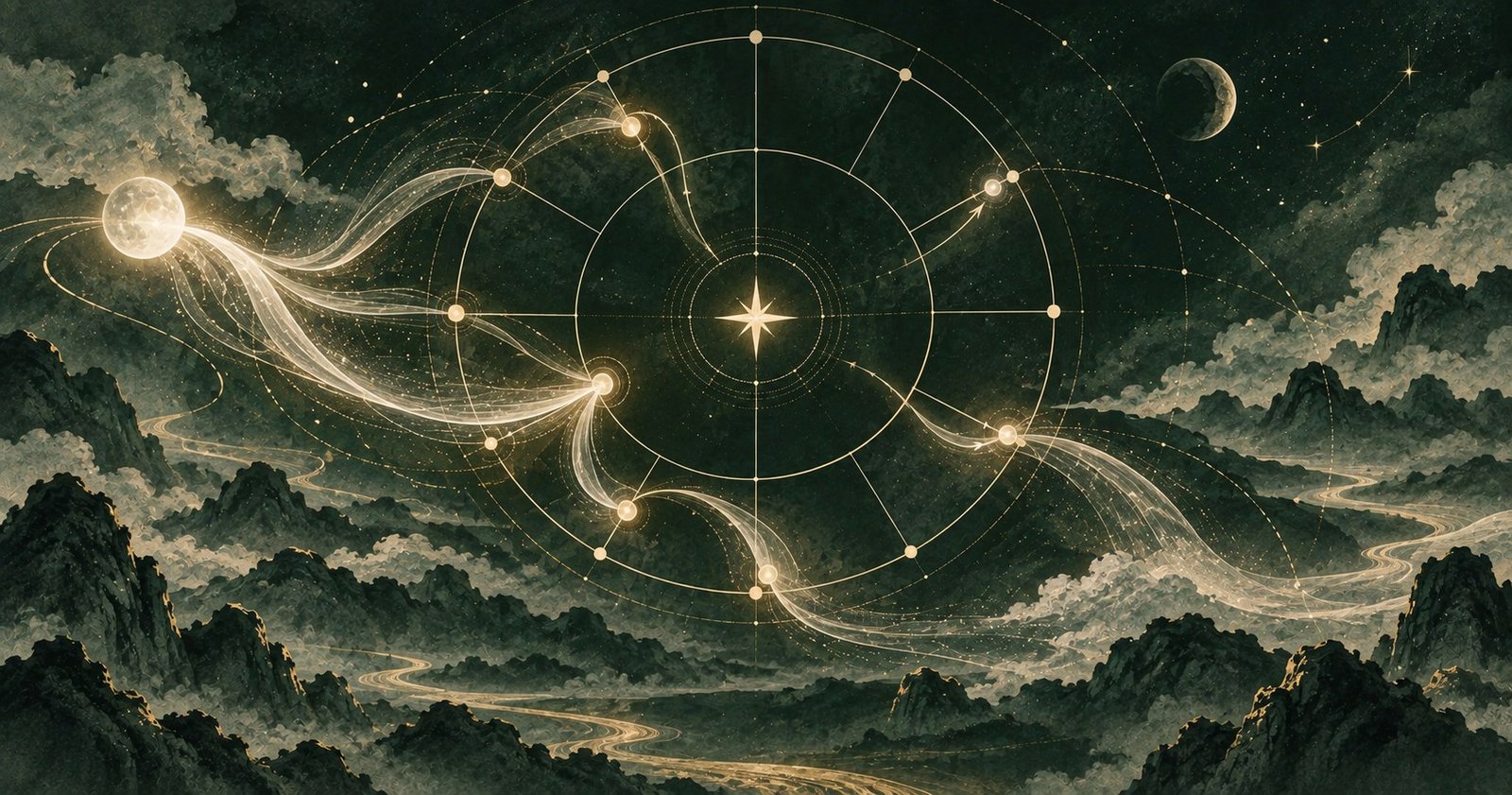 以紫微斗數化科為主題的現代中式抽象星盤插畫