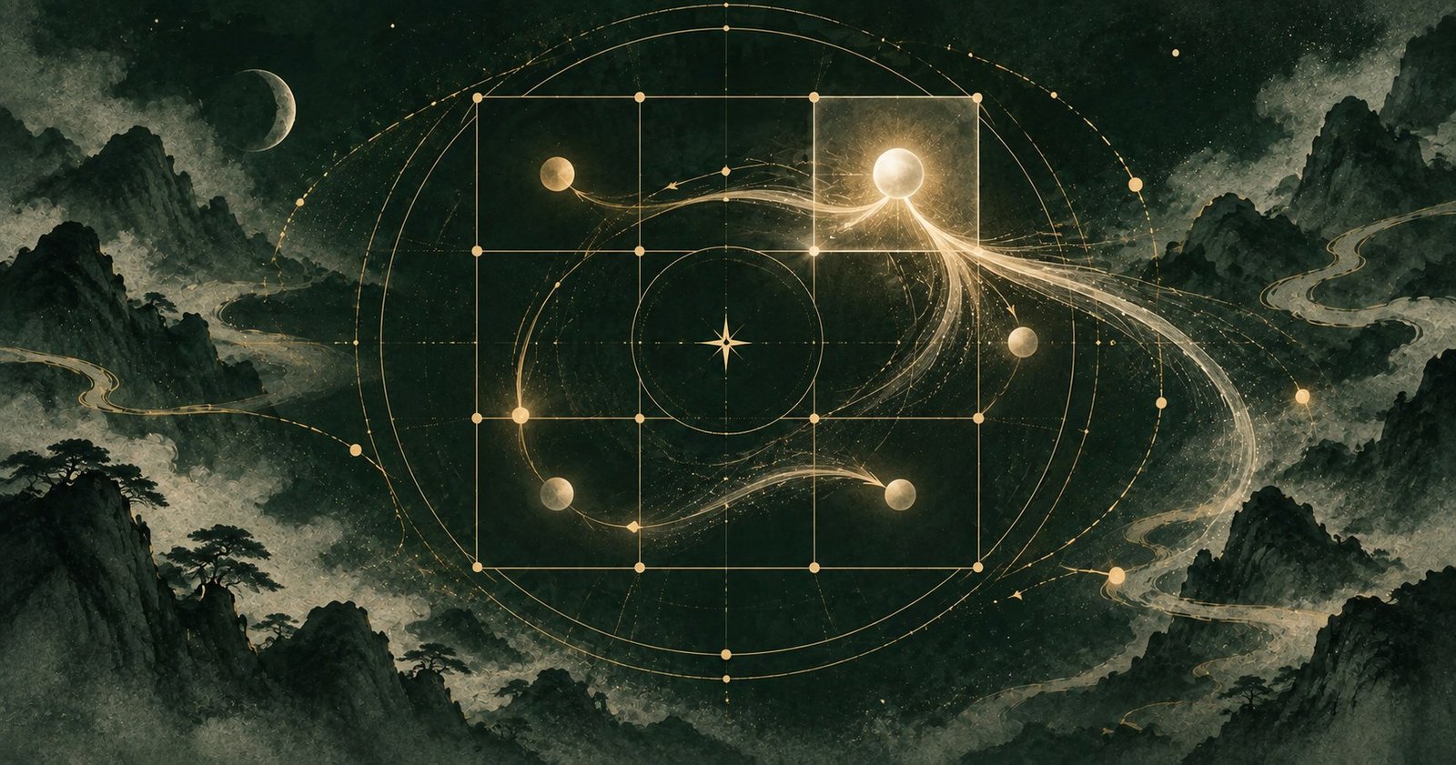 以紫微斗數化權為主題的現代中式抽象星盤插畫