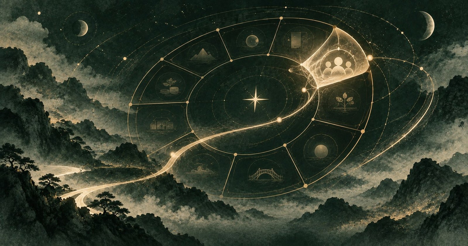 以紫微斗數交友宮為主題的現代中式抽象星盤插畫
