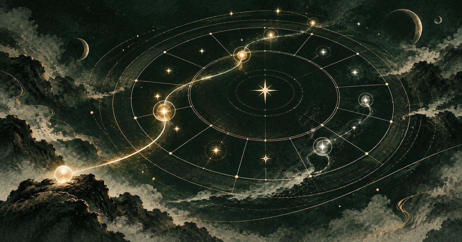 以紫微斗數吉星煞星為主題的現代中式抽象星盤插畫