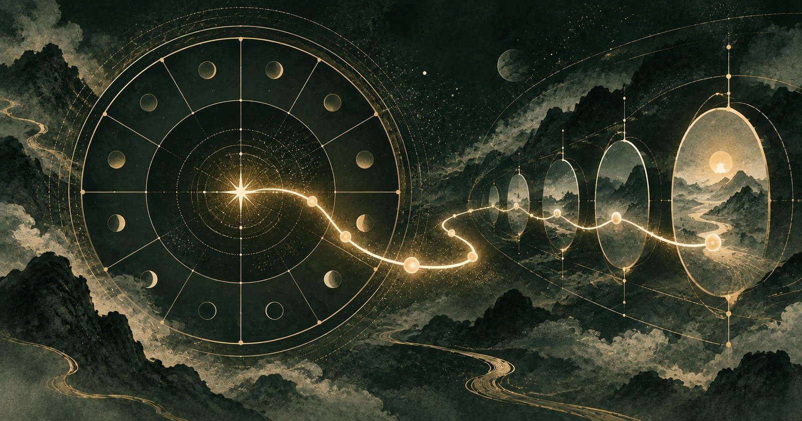以流年命宮為主題的現代中式抽象星盤插畫