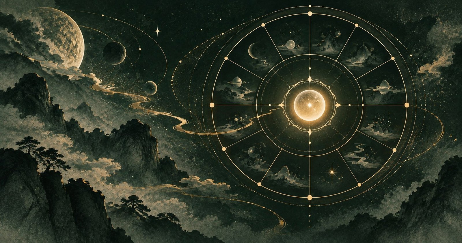 以紫微斗數命宮為主題的現代中式抽象星盤插畫