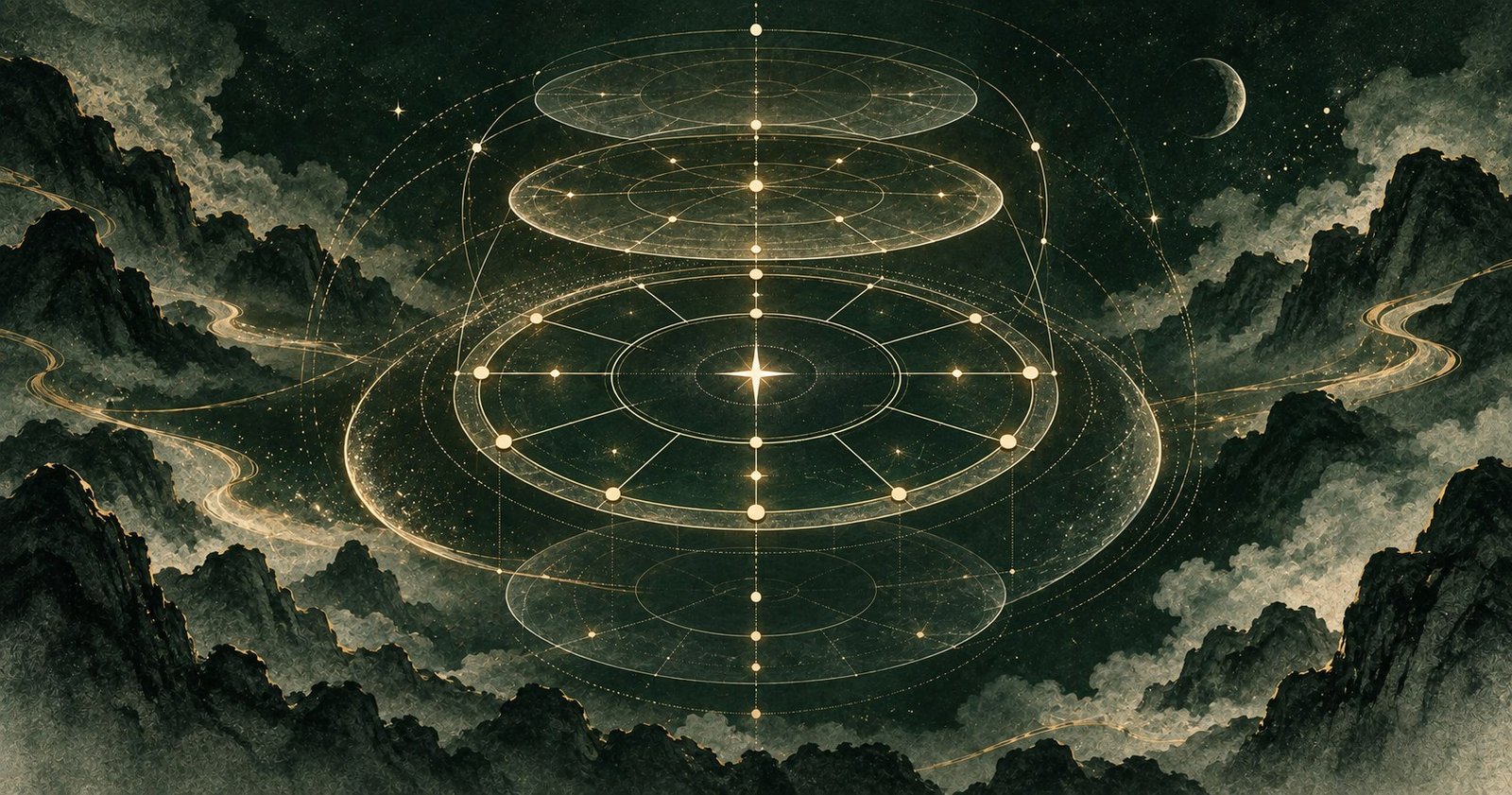 以紫微命盤怎麼驗證為主題的現代中式抽象星盤插畫