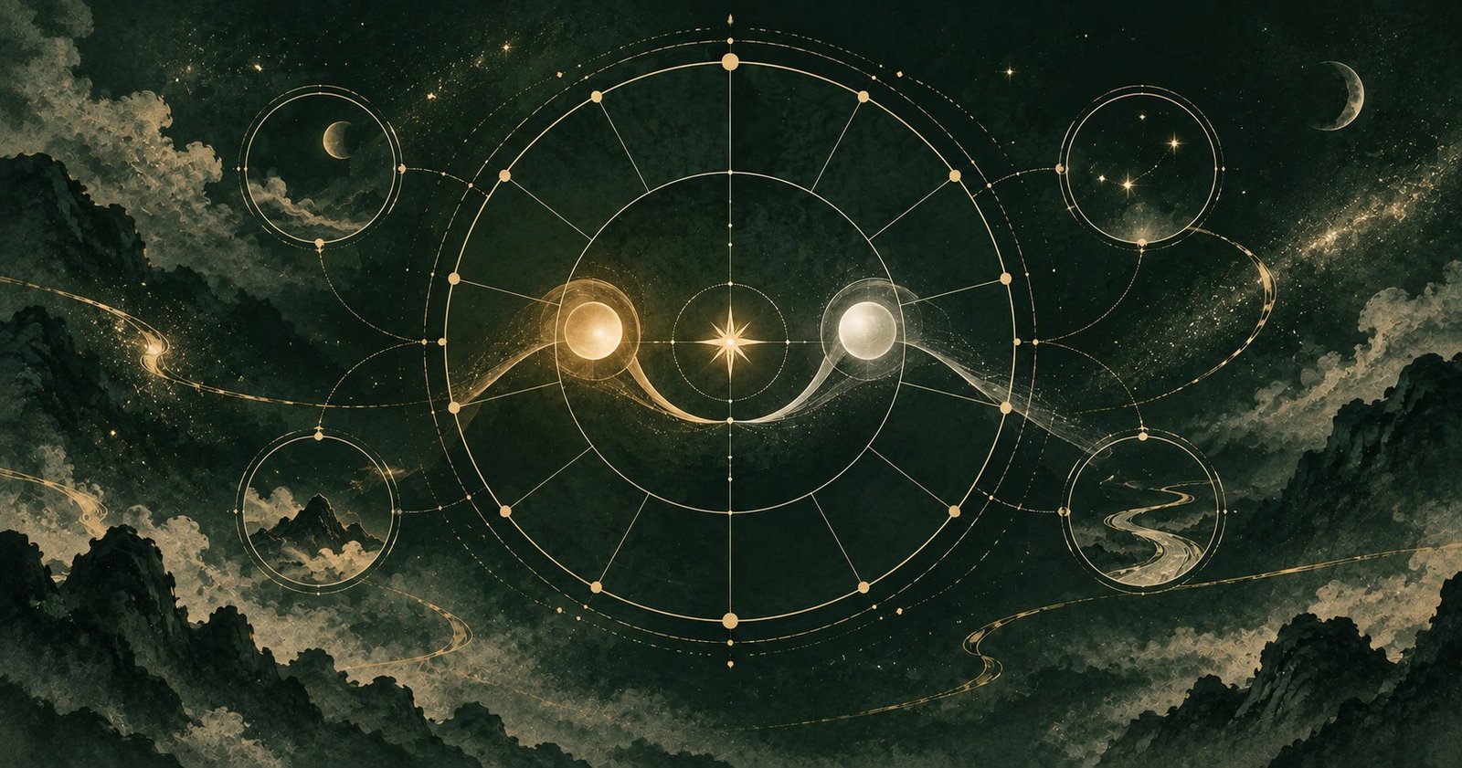 以紫微斗數命主身主為主題的現代中式抽象星盤插畫