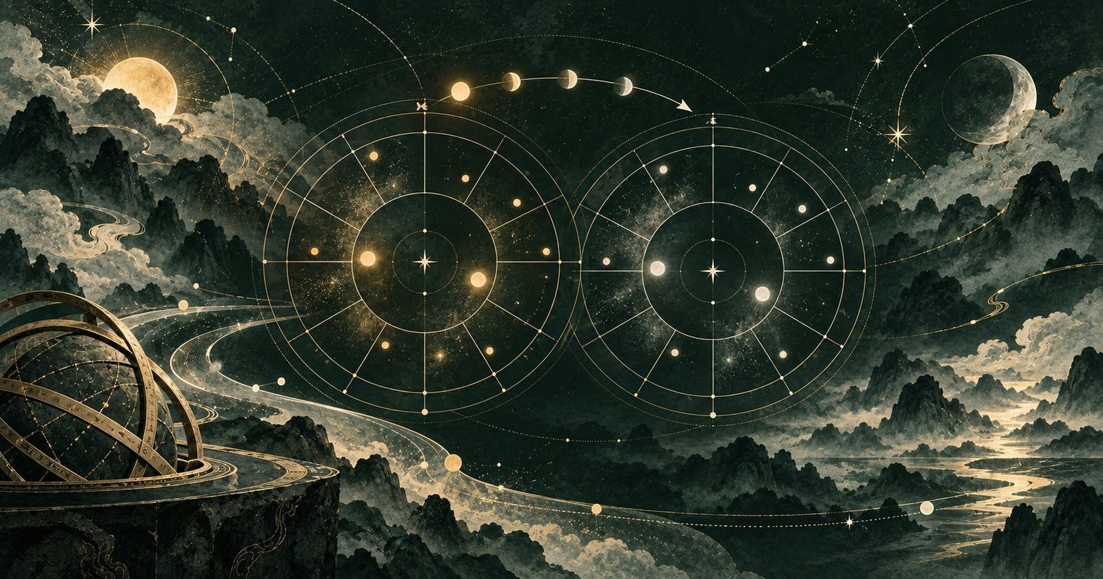 以紫微斗數出生時間差一個時辰為主題的現代中式抽象星盤插畫