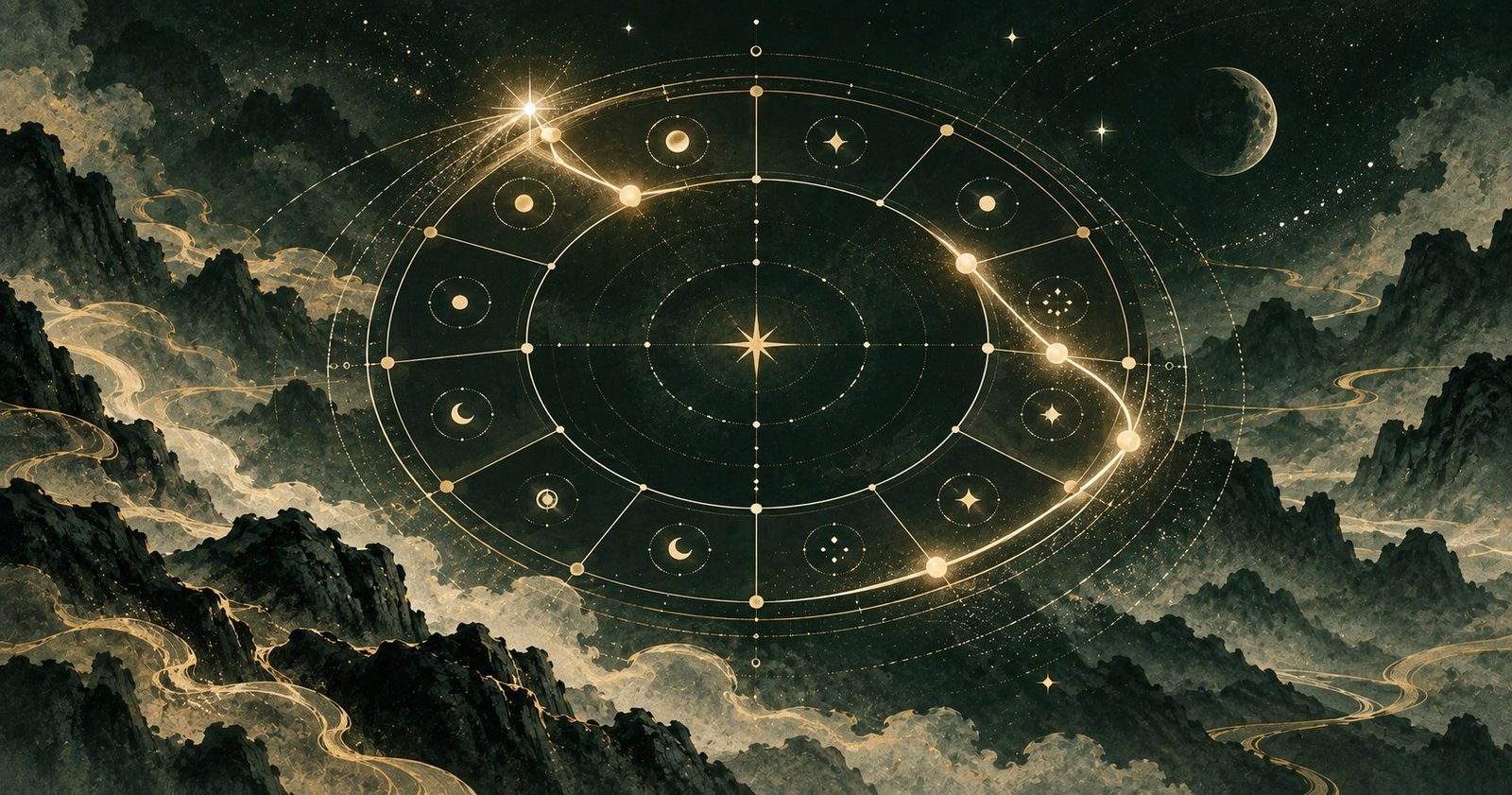 以紫微斗數十二宮為主題的現代中式抽象星盤插畫