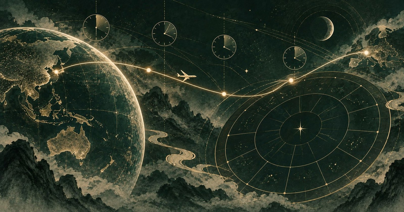以紫微斗數時區 夏令時間為主題的現代中式抽象星盤插畫