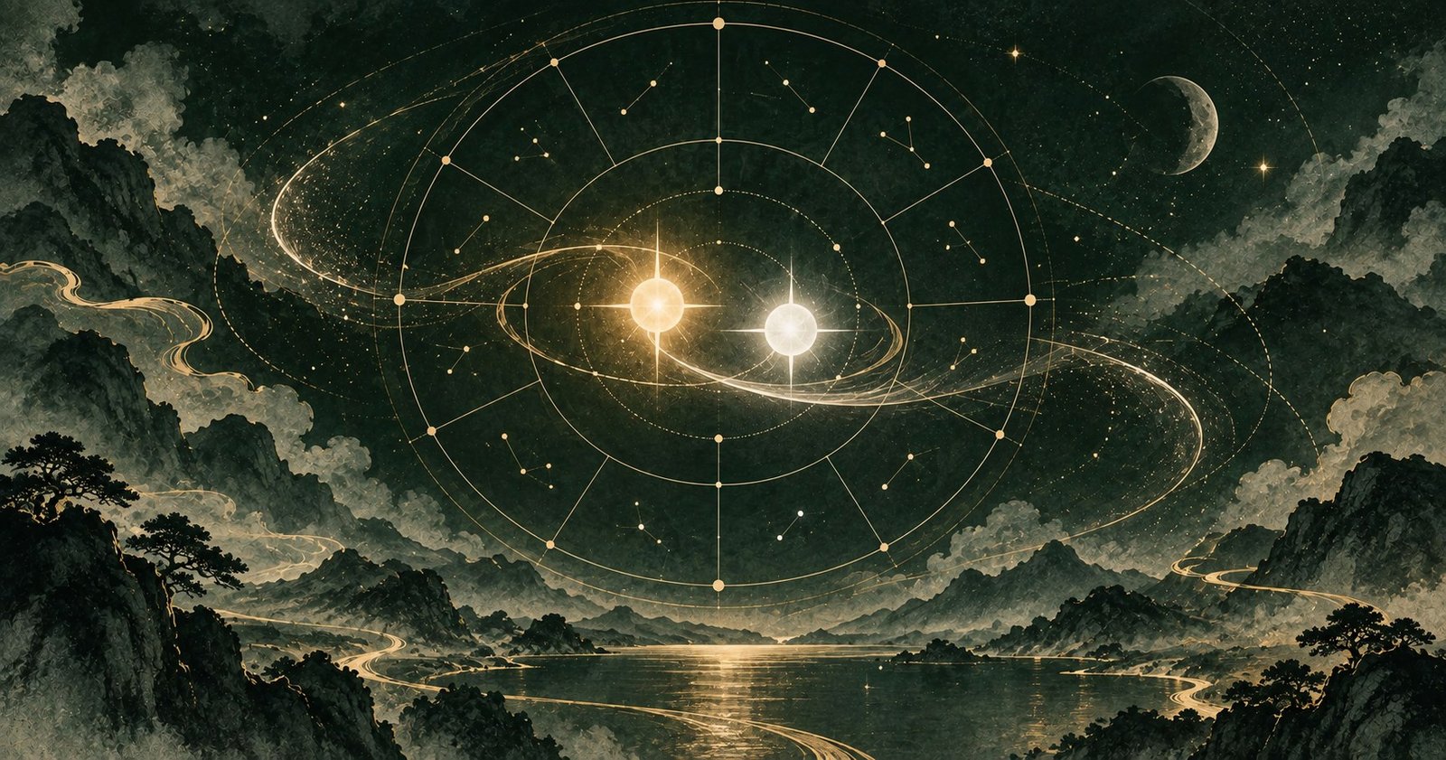 以紫微斗數雙主星為主題的現代中式抽象星盤插畫