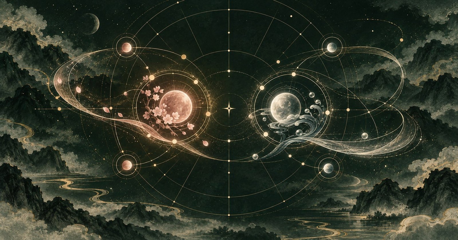以紫微斗數桃花星為主題的現代中式抽象星盤插畫