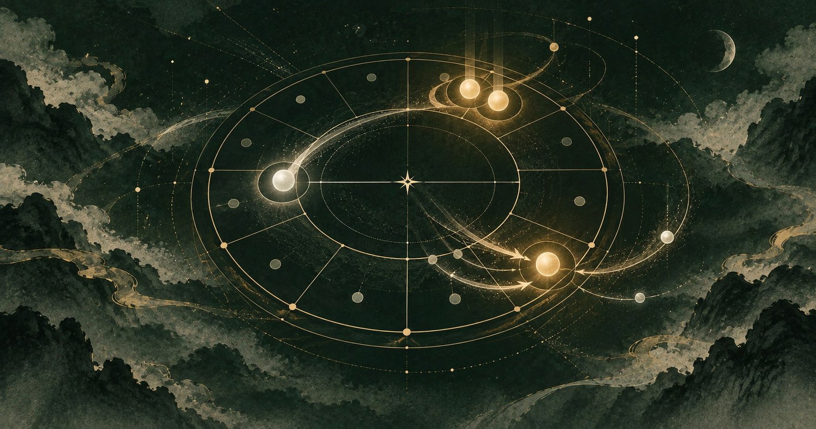 以紫微斗數同宮對宮會照為主題的現代中式抽象星盤插畫