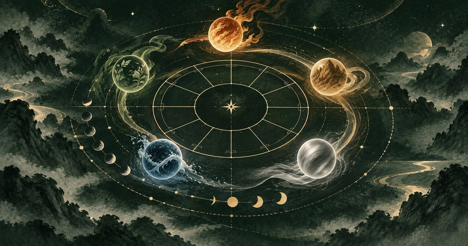 以紫微斗數五行局為主題的現代中式抽象星盤插畫