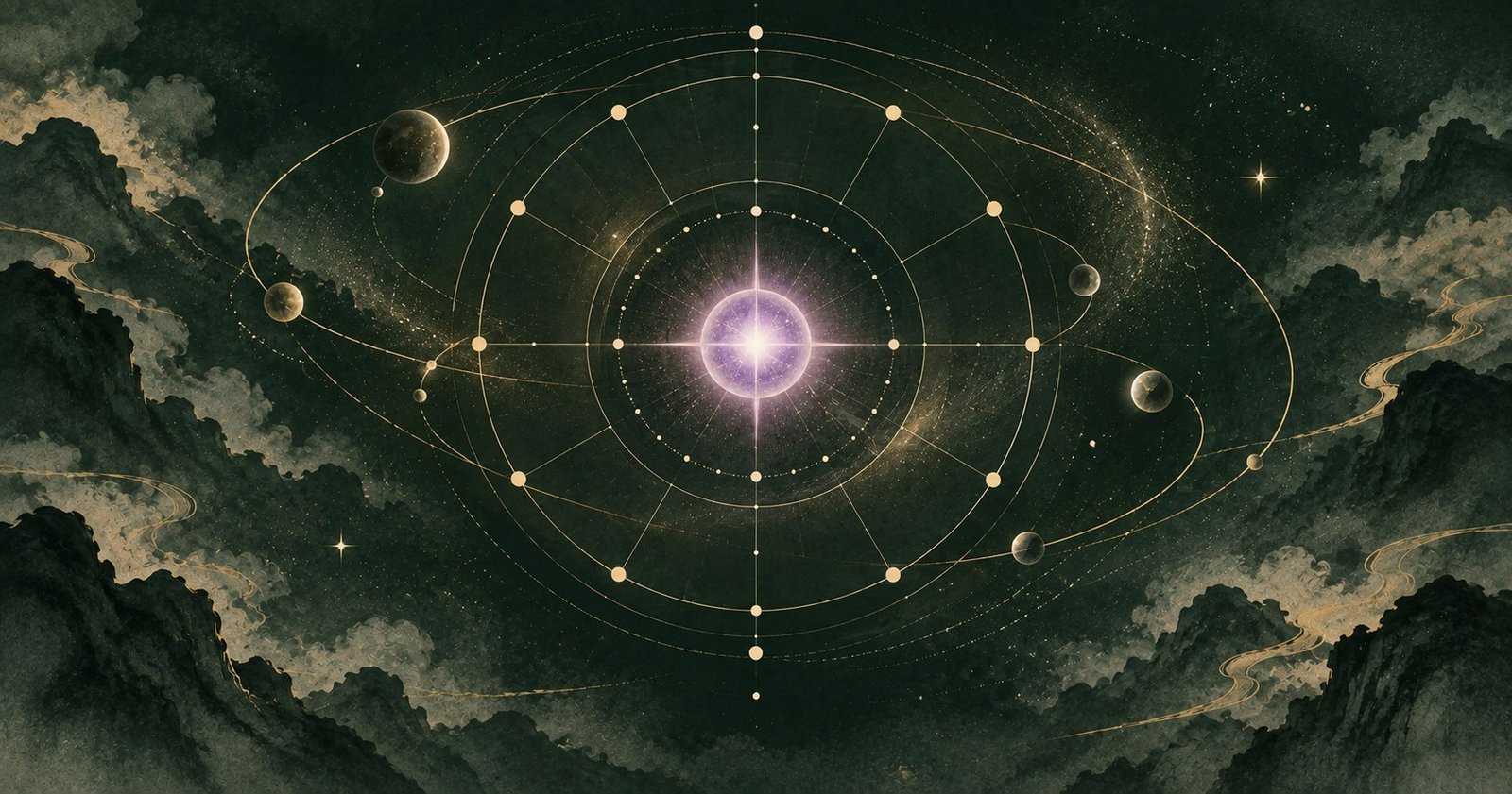 中央紫微星核心與環繞星軌呈現整合與承擔的現代中式星盤插畫