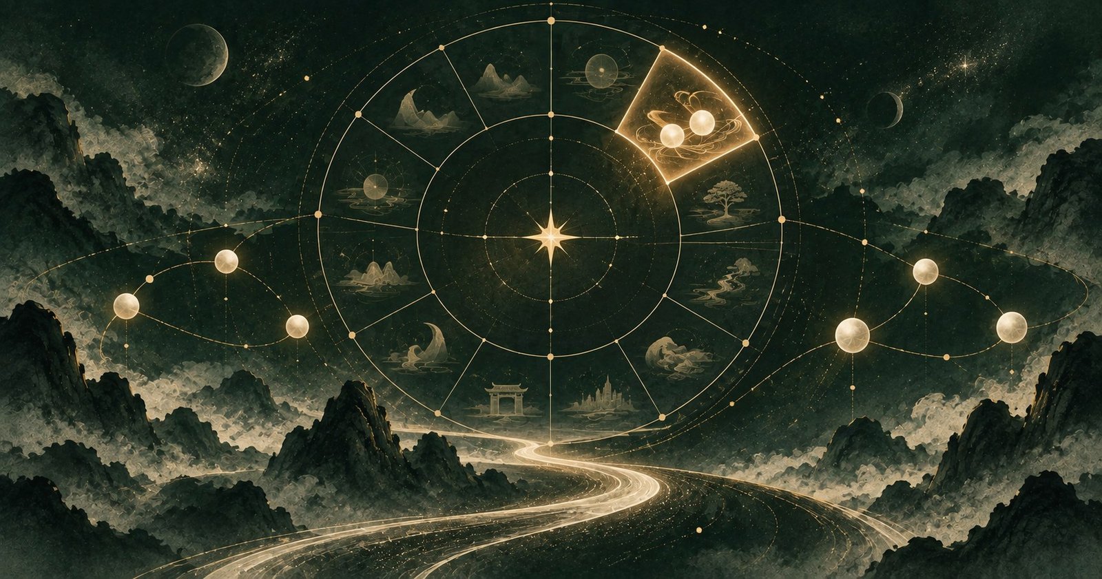以紫微斗數兄弟宮為主題的現代中式抽象星盤插畫