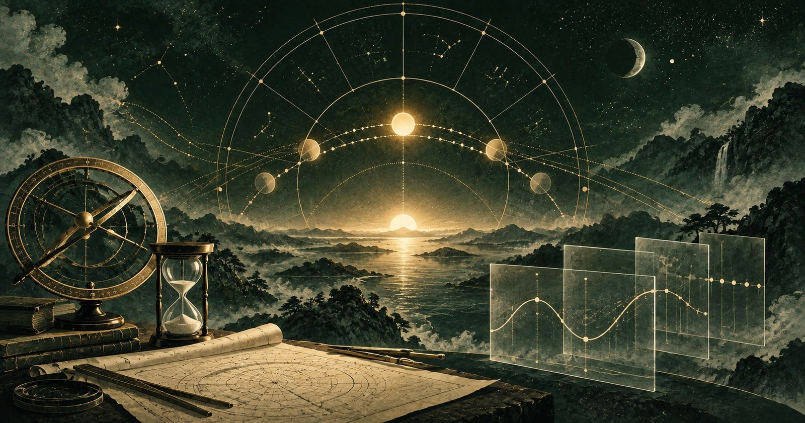 以紫微斗數真太陽時為主題的現代中式抽象星盤插畫