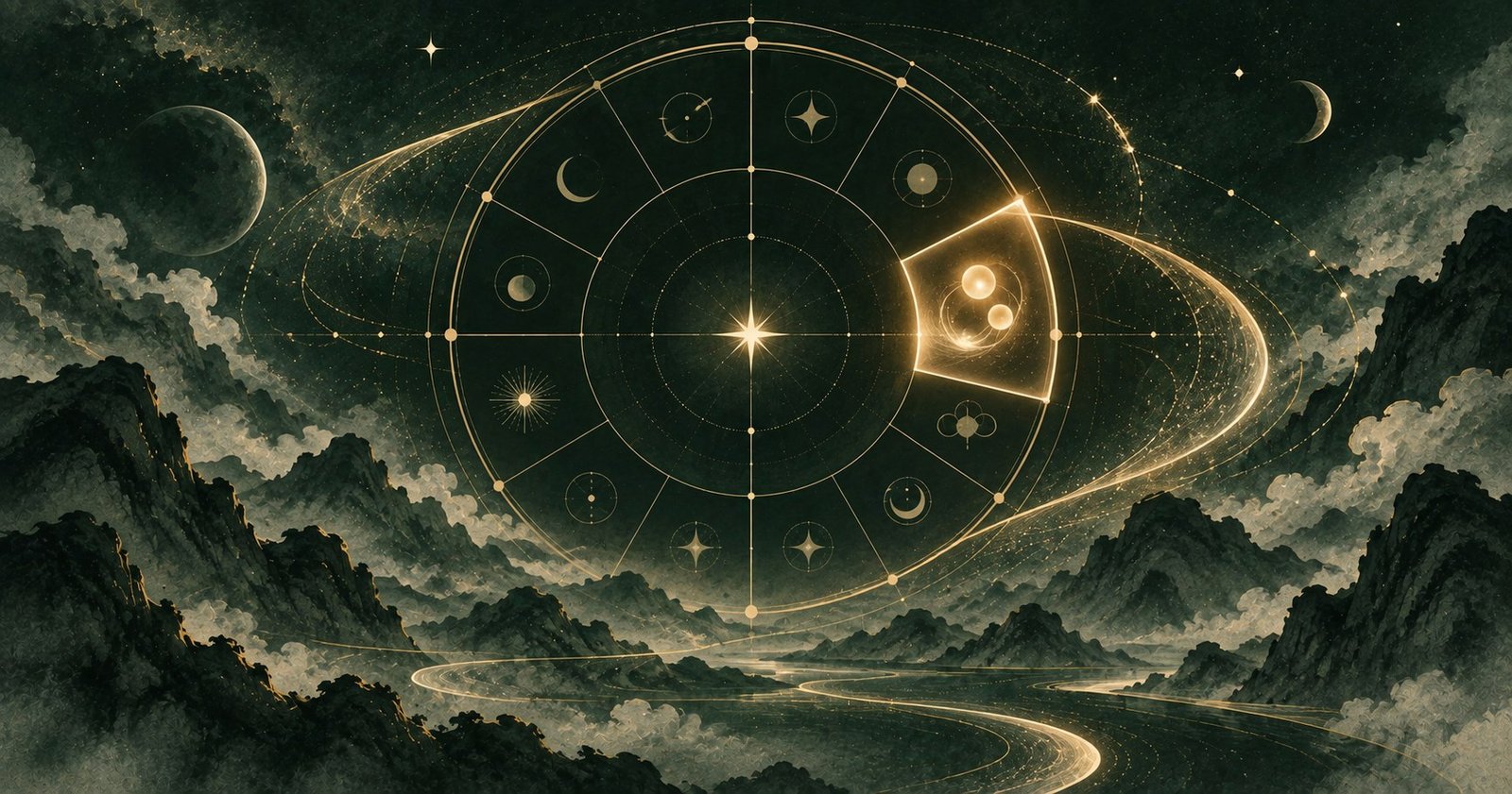 以紫微斗數子女宮為主題的現代中式抽象星盤插畫